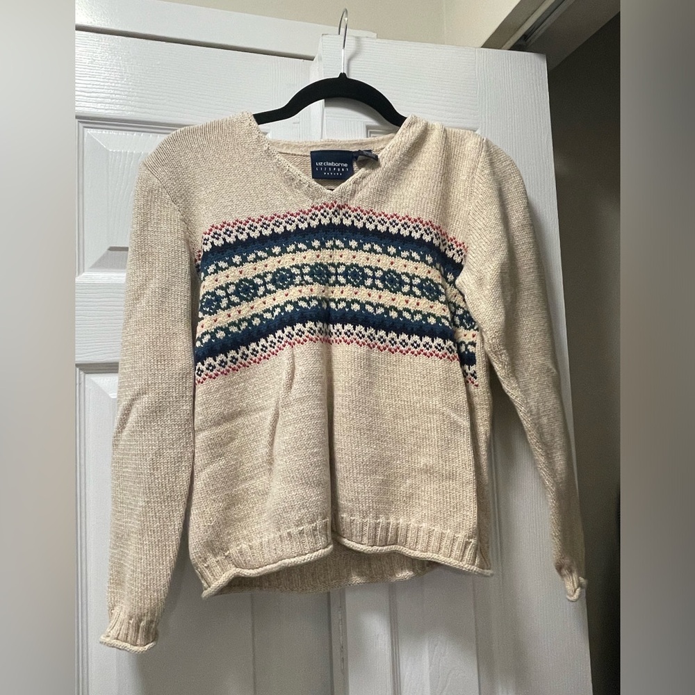 Vintage 80s Liz Claiborne Sport Womens V-neck Fisherman Sweater Sz S Petite